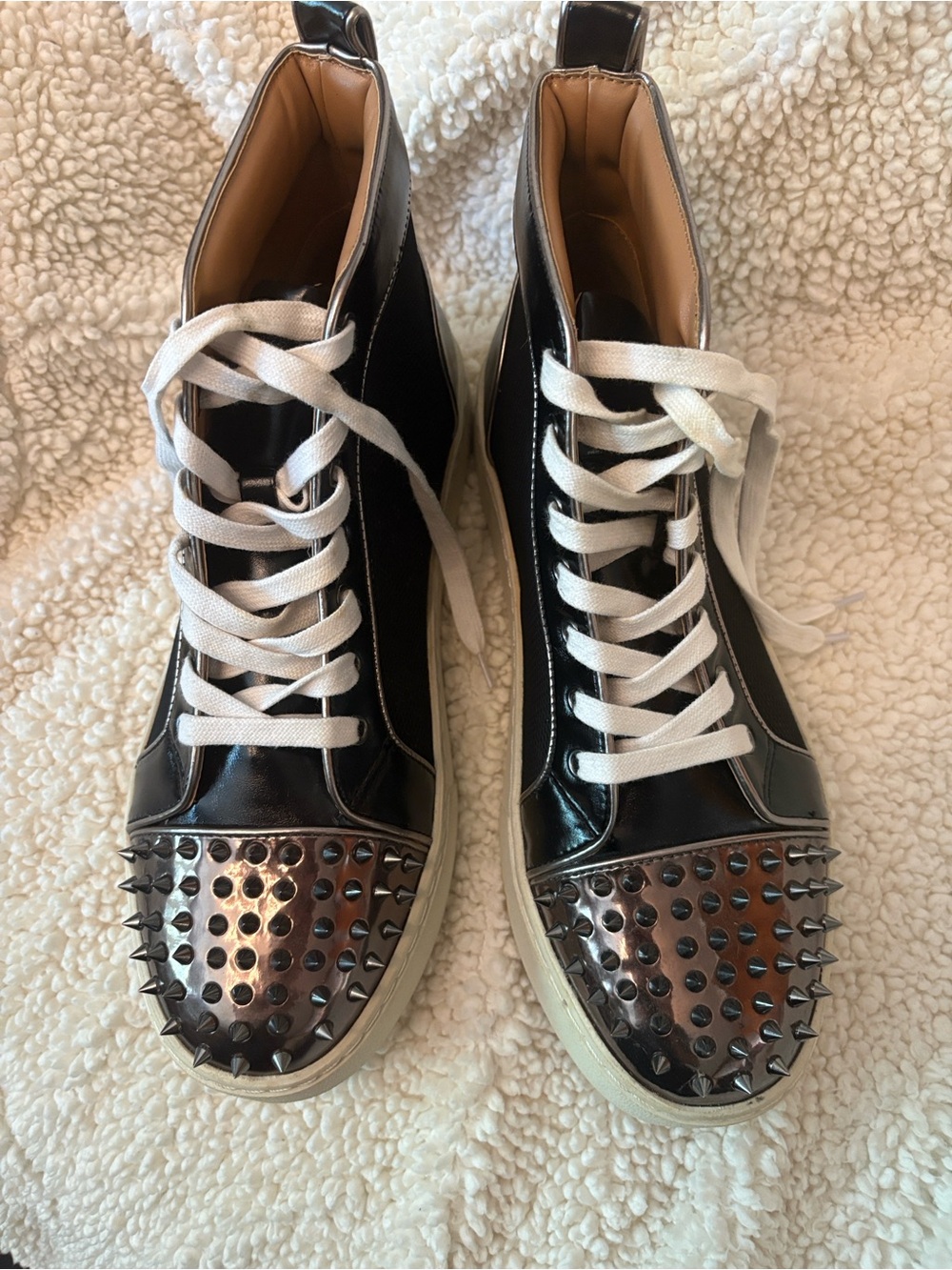 Steve Madden Black Patent High-Top Sneakers with White Laces & Stud on Toe Area